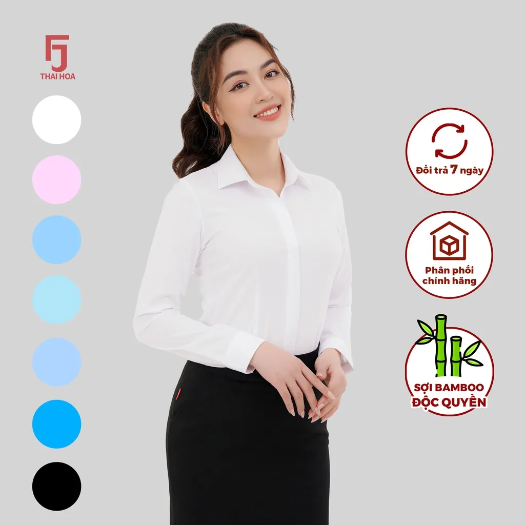 Ảnh Áo sơ mi nữ ASW0101-R12 cổ đức dài tay form ôm vải sợi tre kẻ chìm nhiều màu Thái Hòa 2