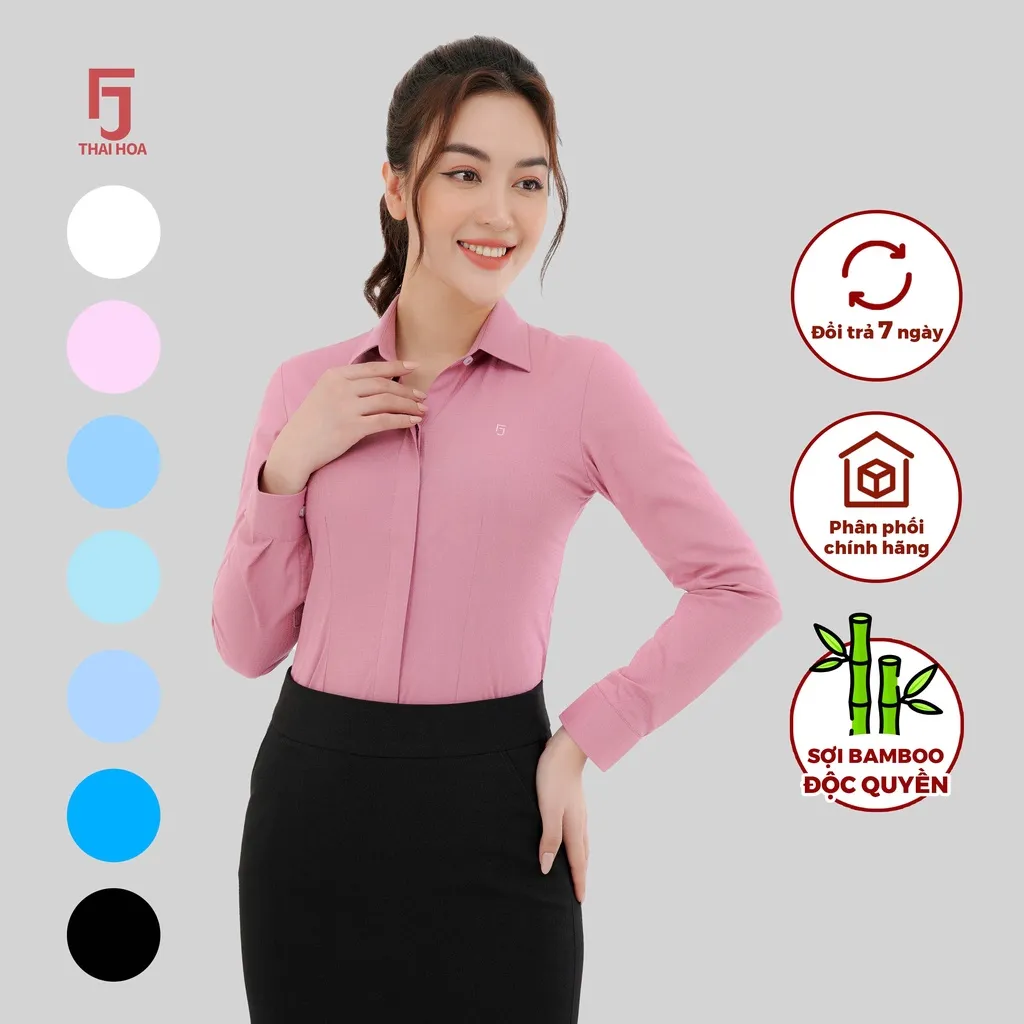 Ảnh Áo sơ mi nữ ASW0101-R12 cổ đức dài tay form ôm vải sợi tre kẻ chìm nhiều màu Thái Hòa 3