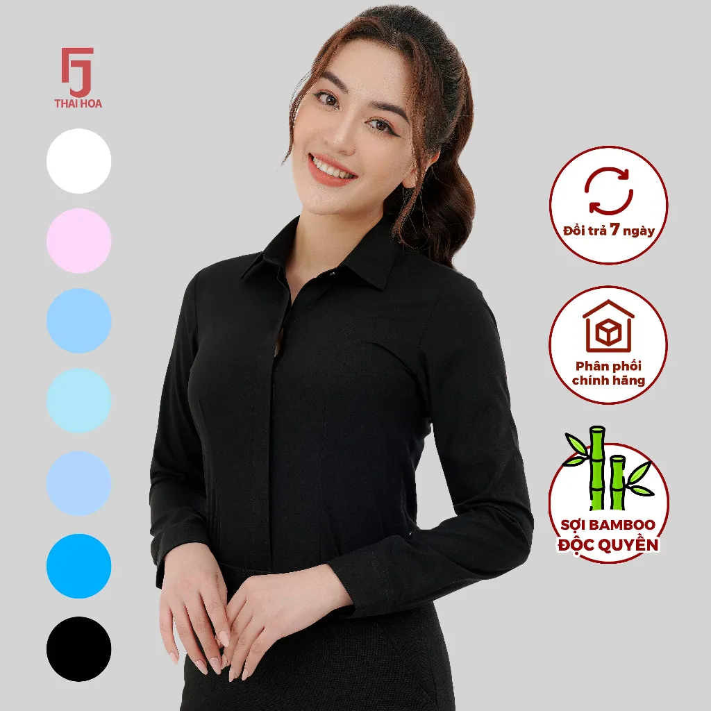 Ảnh Áo sơ mi nữ ASW0101-R12 cổ đức dài tay form ôm vải sợi tre kẻ chìm nhiều màu Thái Hòa 4