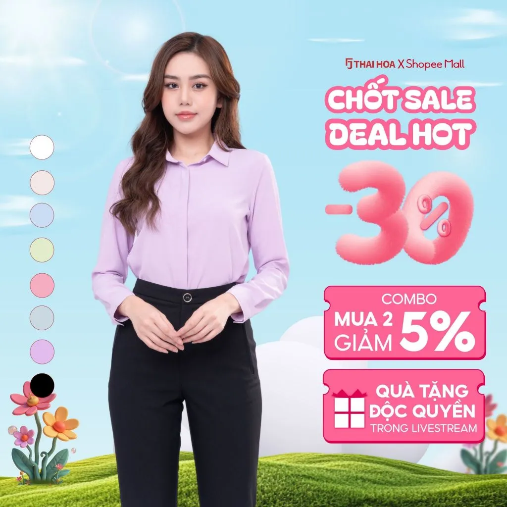Ảnh Áo sơ mi nữ ASW0101-R17 thiết kế dài tay sợi sen trơn form suông công sở Thái Hòa 1