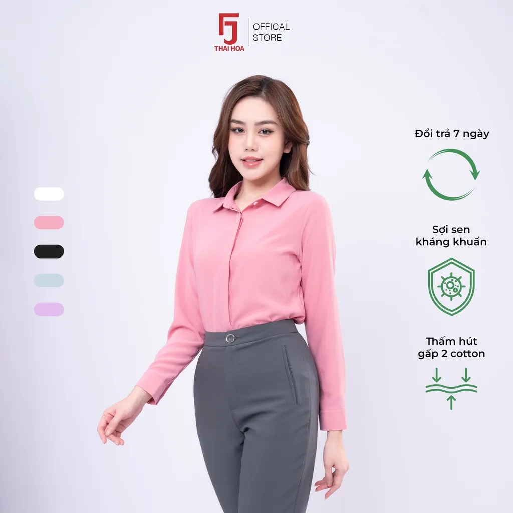 Ảnh Áo sơ mi nữ ASW0101-R17 thiết kế dài tay sợi sen trơn form suông công sở Thái Hòa 2