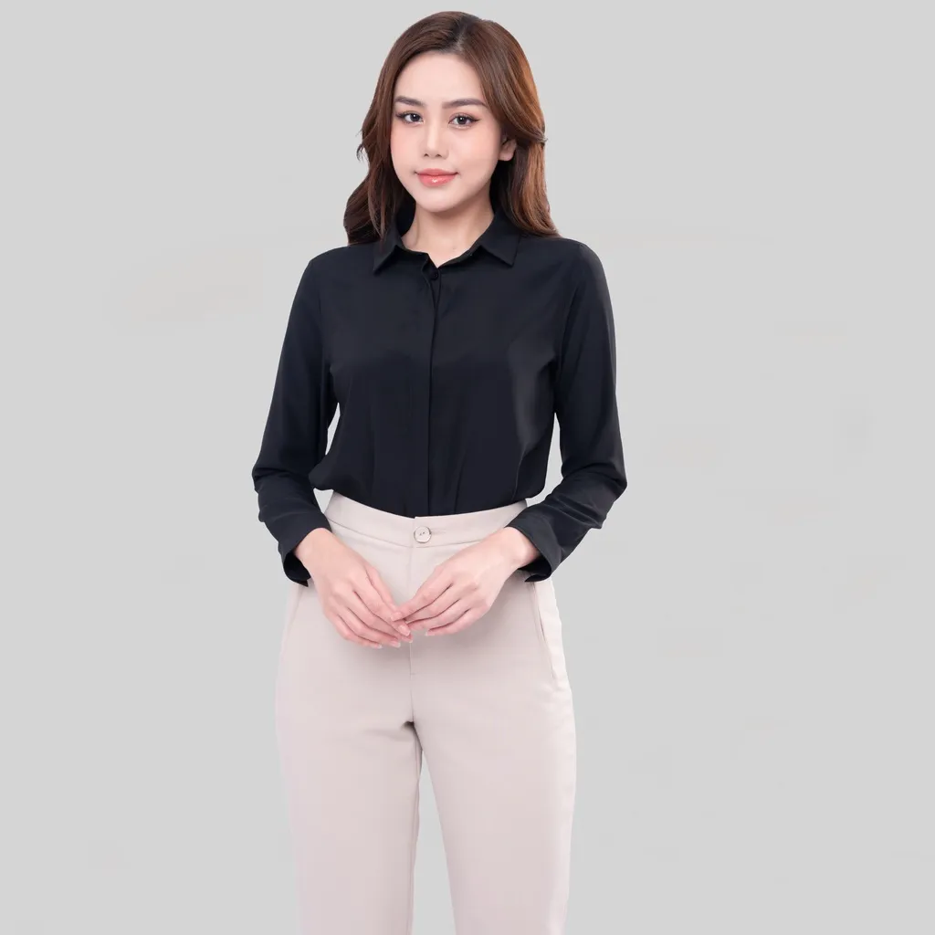 Ảnh Áo sơ mi nữ ASW0101-R17 thiết kế dài tay sợi sen trơn form suông công sở Thái Hòa 4