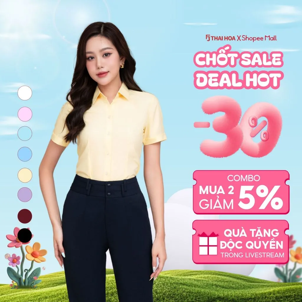 Ảnh Áo sơ mi nữ ASW0301-R01 ngắn tay vải cotton trơn nhiều màu form ôm Thái Hòa 1