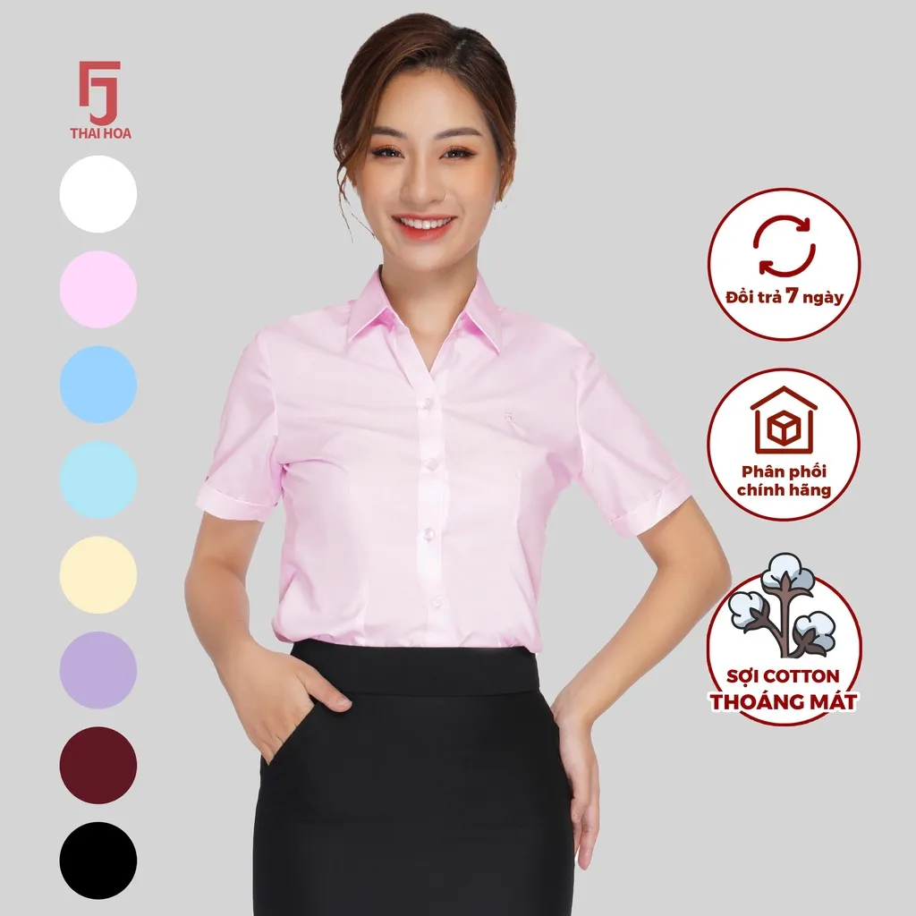 Ảnh Áo sơ mi nữ ASW0301-R01 ngắn tay vải cotton trơn nhiều màu form ôm Thái Hòa 4
