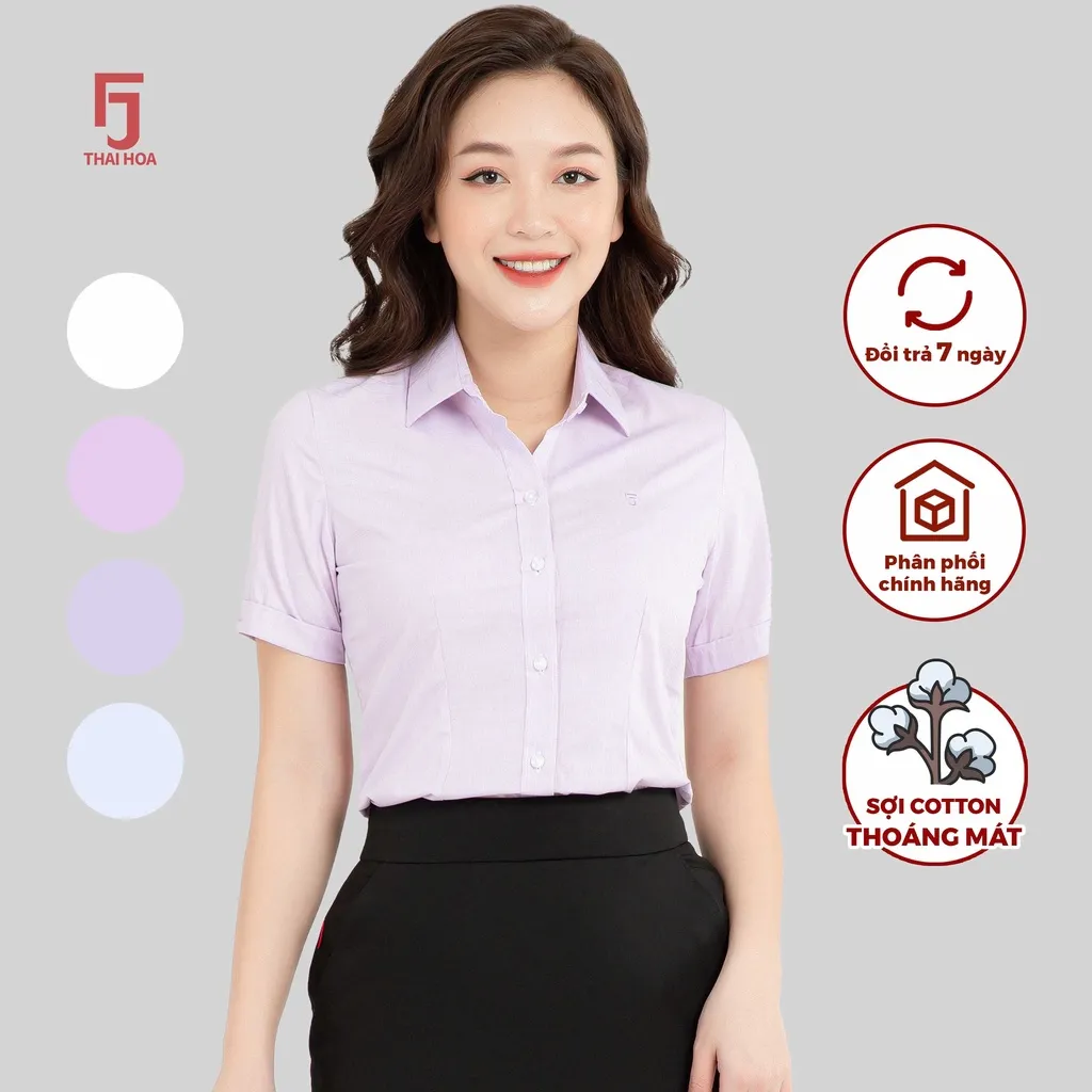Ảnh Áo sơ mi nữ ASW0301-R04 kẻ sọc tăm thiết kế công sở ngắn tay form ôm nhiều màu Thái Hòa 2