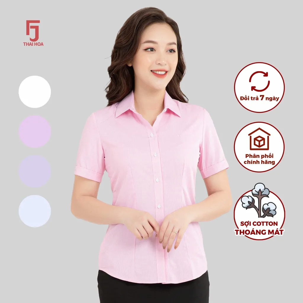 Ảnh Áo sơ mi nữ ASW0301-R04 kẻ sọc tăm thiết kế công sở ngắn tay form ôm nhiều màu Thái Hòa 3