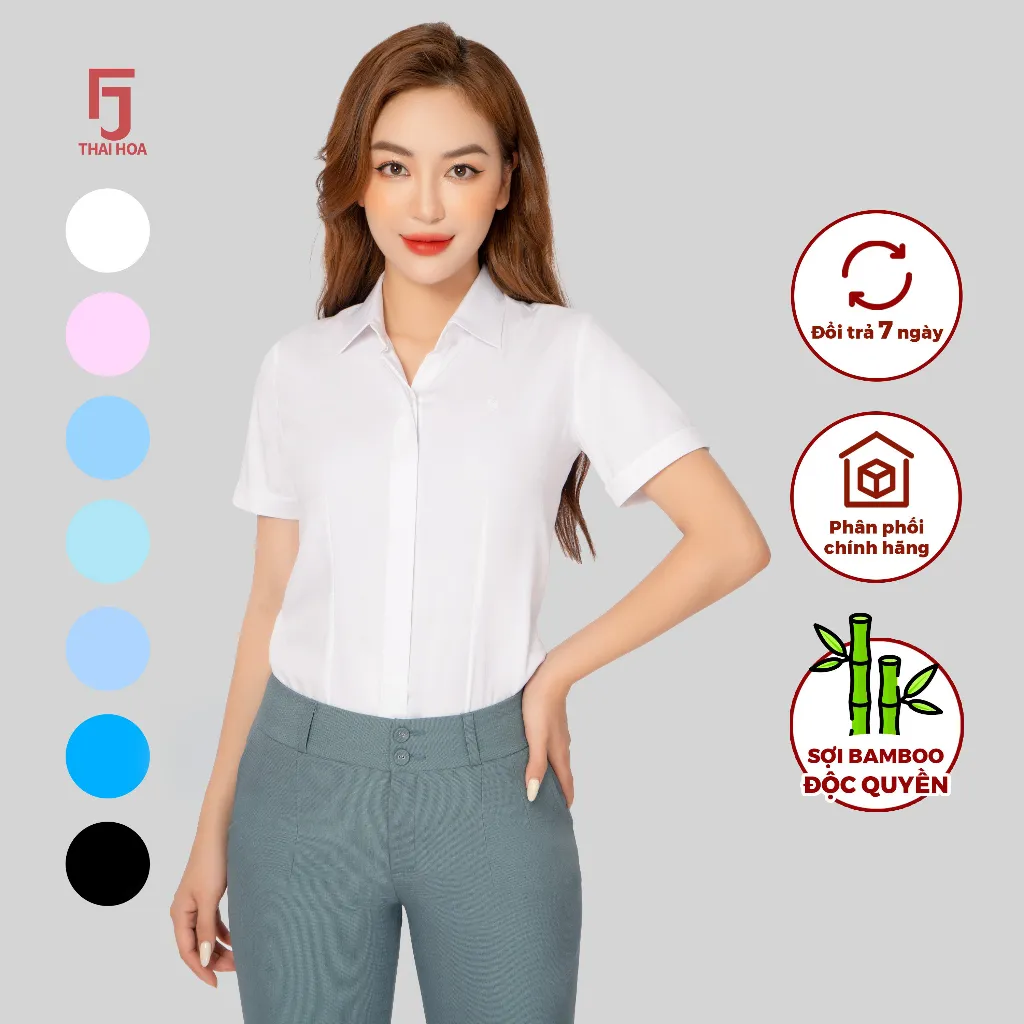 Ảnh Áo sơ mi nữ ASW0301-R12 công sở thiết kế ngắn tay nhiều màu vải sợi tre kẻ ô chìm Thái Hòa 1