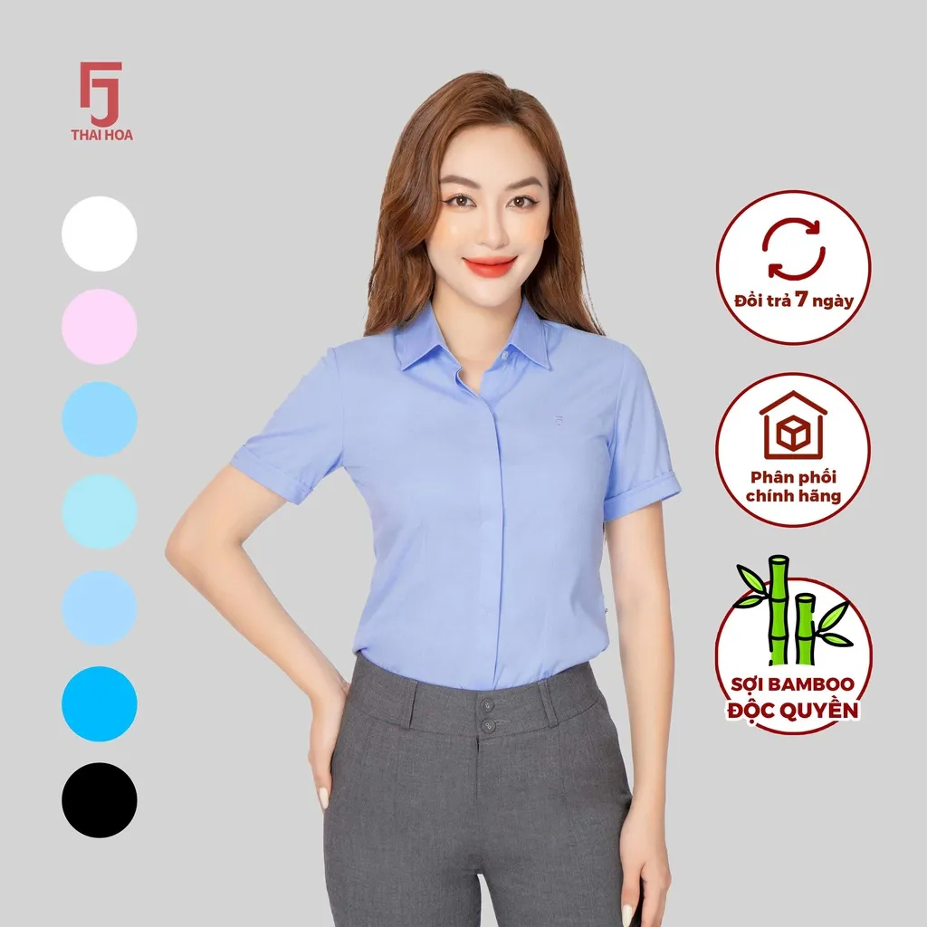 Ảnh Áo sơ mi nữ ASW0301-R12 công sở thiết kế ngắn tay nhiều màu vải sợi tre kẻ ô chìm Thái Hòa 3