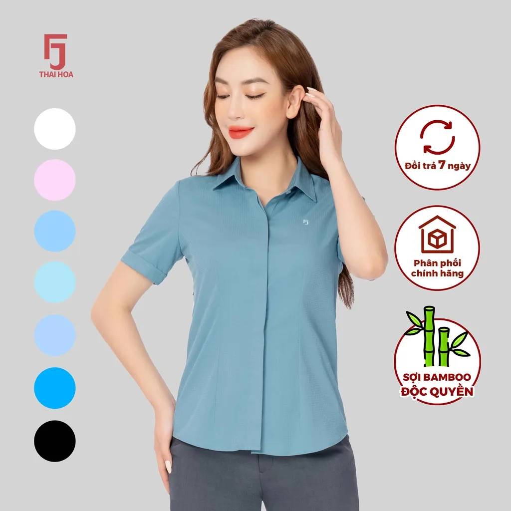 Ảnh Áo sơ mi nữ ASW0301-R12 công sở thiết kế ngắn tay nhiều màu vải sợi tre kẻ ô chìm Thái Hòa 4