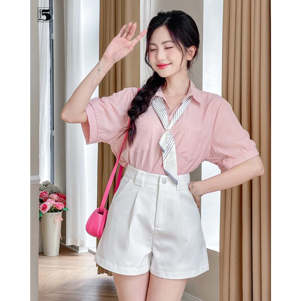 Ảnh Áo sơ mi nữ công sở dạo phố cổ đức ngắn tay kèm khăn thắt nơ Twentyfive 4683 2