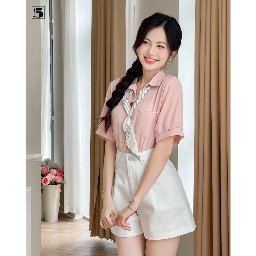 Ảnh Áo sơ mi nữ công sở dạo phố cổ đức ngắn tay kèm khăn thắt nơ Twentyfive 4683 3