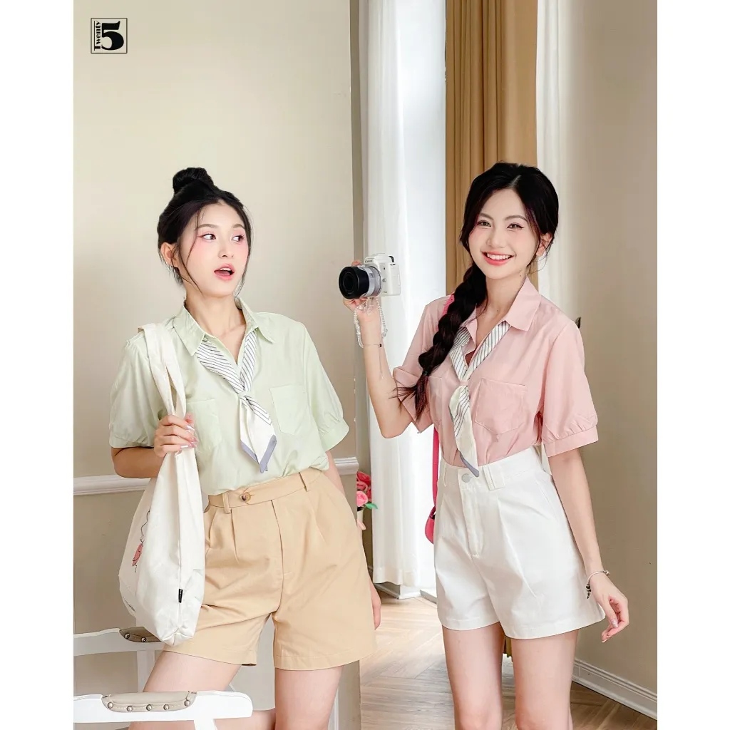 Ảnh Áo sơ mi nữ công sở dạo phố cổ đức ngắn tay kèm khăn thắt nơ Twentyfive 4683 4