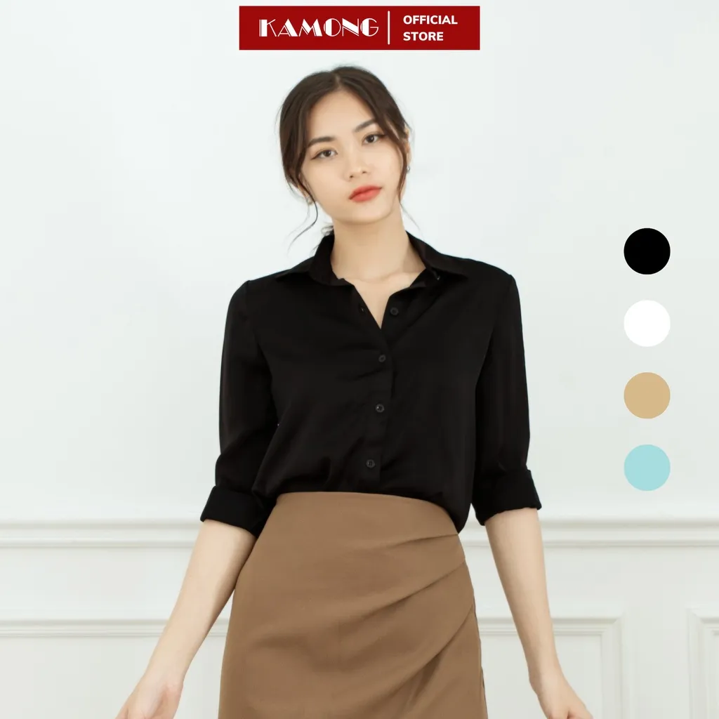 Ảnh Áo sơ mi nữ công sở tay dài KAMONG cao cấp dáng suông trơn basic A147 1