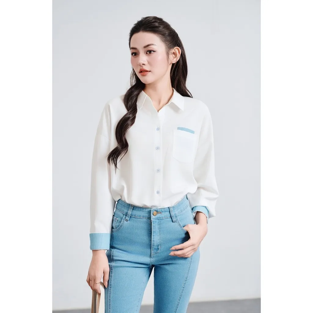 Ảnh Áo Sơ Mi Nữ Dáng Suông Phối Denim VIEN TRAN V61H25Q009 1