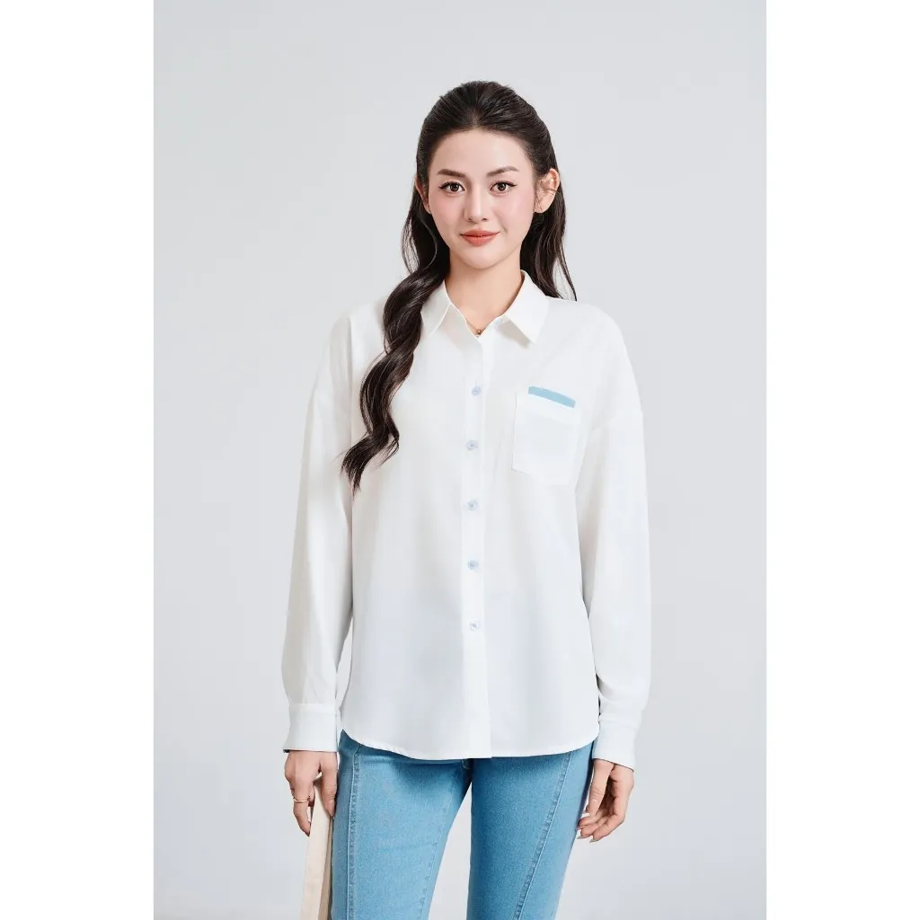 Ảnh Áo Sơ Mi Nữ Dáng Suông Phối Denim VIEN TRAN V61H25Q009 2