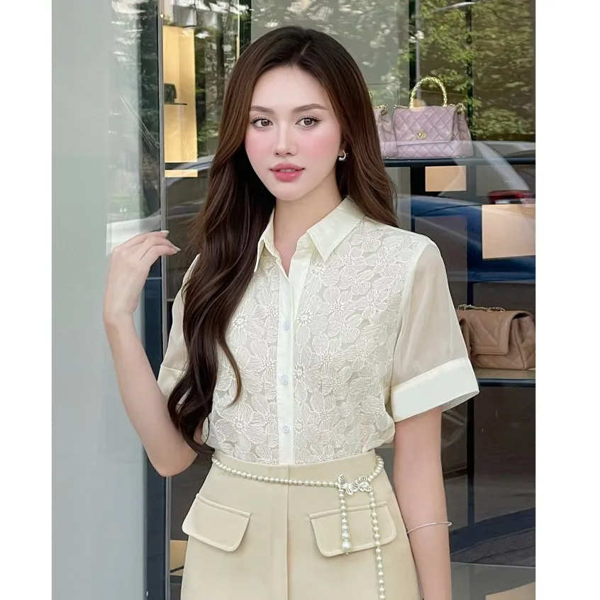 Ảnh Áo Sơ Mi Nữ LAMER Tay Ngắn Phối Ren Cổ Đức Áo Kiểu Công Sở Nữ L61H24H035 1
