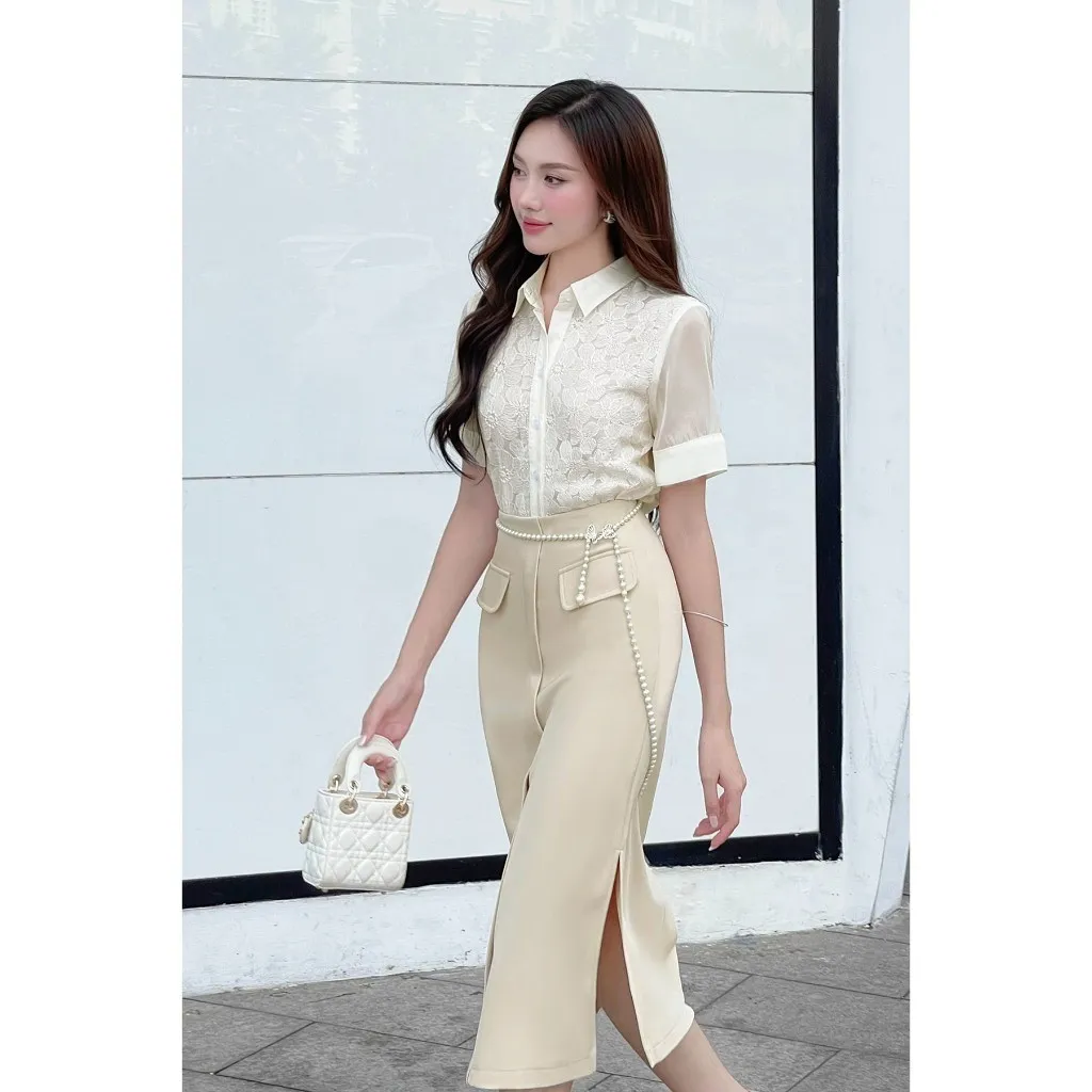 Ảnh Áo Sơ Mi Nữ LAMER Tay Ngắn Phối Ren Cổ Đức Áo Kiểu Công Sở Nữ L61H24H035 3