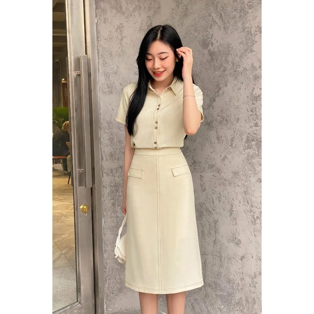 Ảnh Áo sơ mi nữ ngắn tay cổ đức diễu chỉ phối chân váy bút chì dáng dài VIEN TRAN V61H24H003 V61H24H003 3