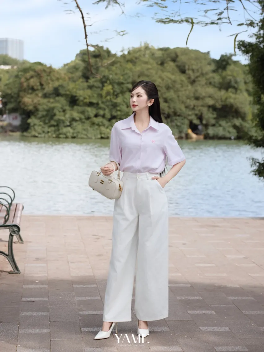 Ảnh Áo sơ mi nữ ngắn tay kẻ sọc hồng pastel thêu nơ vải mềm mịn không nhăn YAME YA436 4