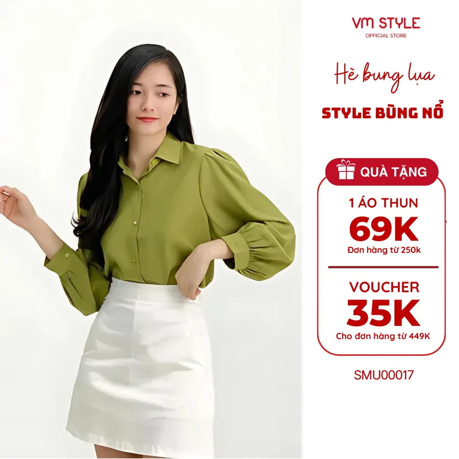 Ảnh Áo sơ mi nữ tay dài, sơ mi công sở VM STYLE thiết kế tay phồng form rộng basic đi chơi, đi học, đi làm  - SMU00017 1