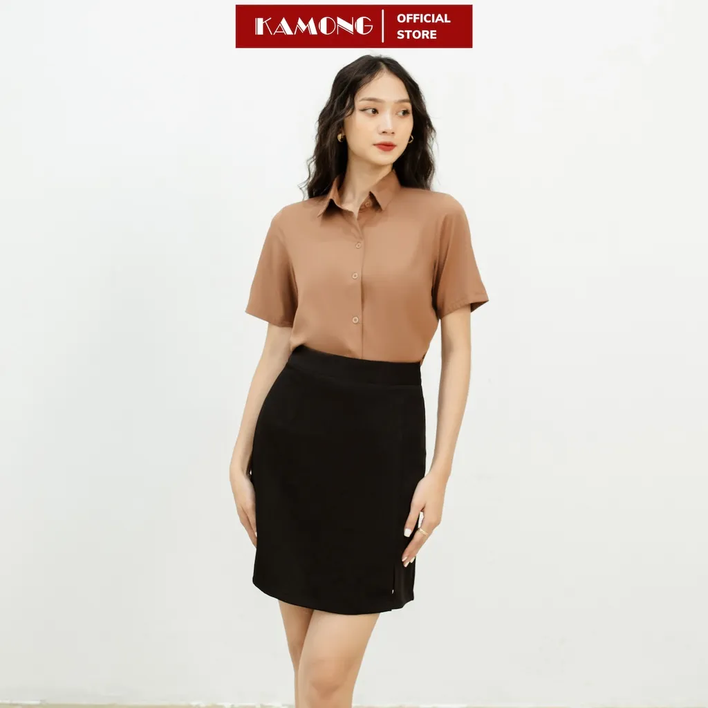 Ảnh Áo sơ mi nữ tay ngắn công sở KAMONG kiểu dáng cơ bản vải lụa sang trọng A146 4