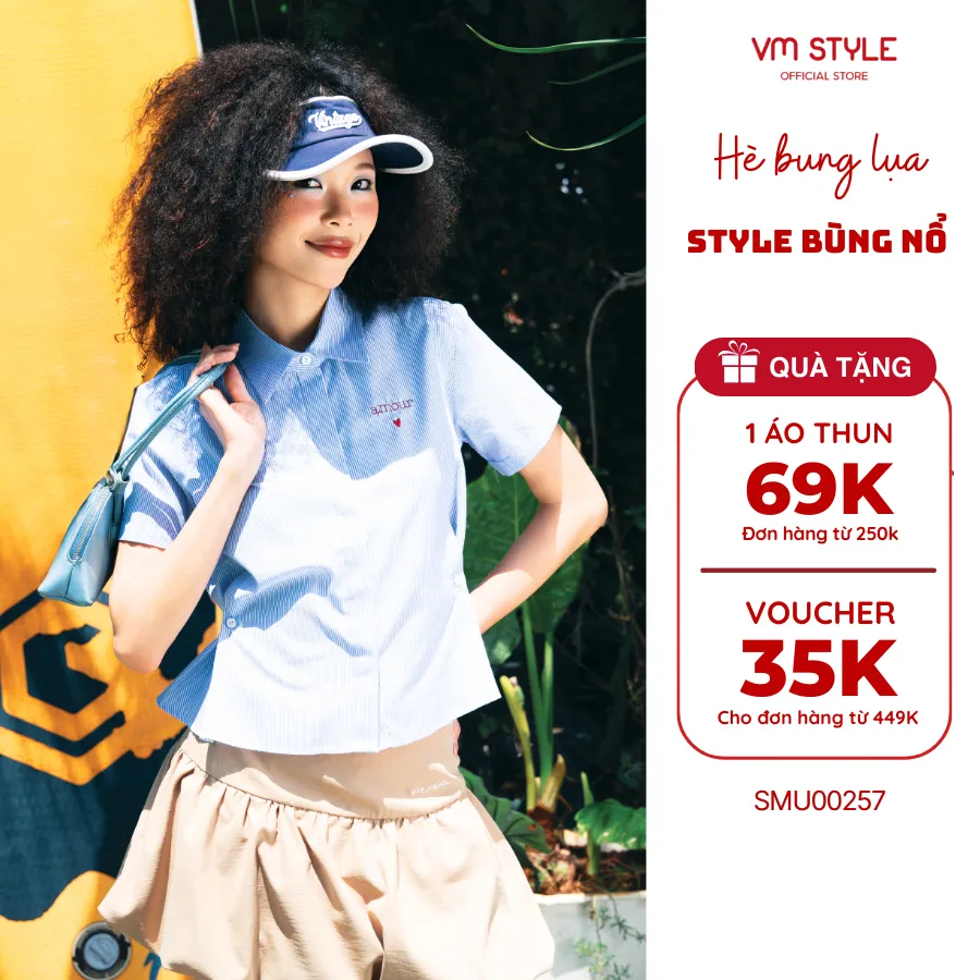 Ảnh Áo Sơ Mi Nữ Tay Ngắn VM STYLE Form Lửng Họa Tiết Chữ Thêu Nổi Có Nút Chiết Eo Điều Chỉnh Độ Rộng SMU00257 1