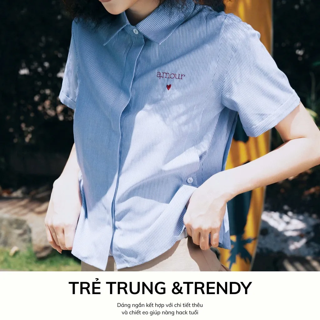 Ảnh Áo Sơ Mi Nữ Tay Ngắn VM STYLE Form Lửng Họa Tiết Chữ Thêu Nổi Có Nút Chiết Eo Điều Chỉnh Độ Rộng SMU00257 3