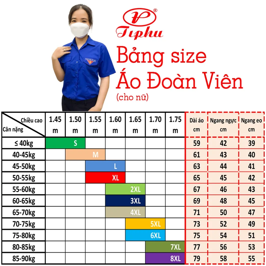 Ảnh Áo sơ mi nữ thanh niên Việt Nam thêu logo cờ đỏ sao vàng, tay dài và tay ngắn, size 80kg, vải kate 2