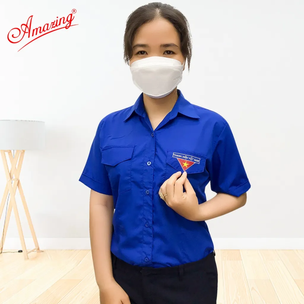 Ảnh Áo sơ mi nữ thanh niên Việt Nam thêu logo cờ đỏ sao vàng, tay dài và tay ngắn, size 80kg, vải kate 3