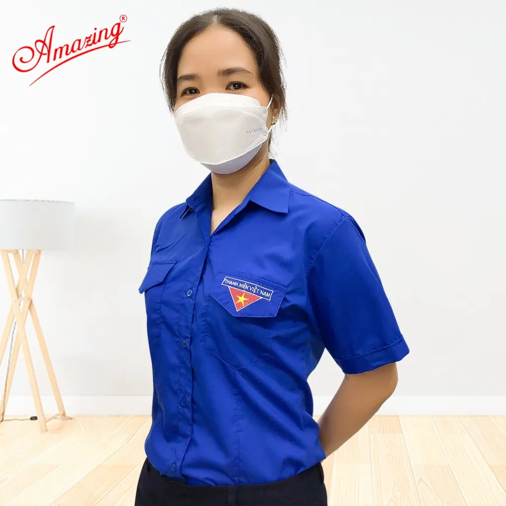 Ảnh Áo sơ mi nữ thanh niên Việt Nam thêu logo cờ đỏ sao vàng, tay dài và tay ngắn, size 80kg, vải kate 4