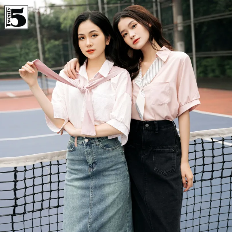 Ảnh Áo sơ mi nữ Twentyfive dáng rộng ngắn tay họa tiết kẻ cổ thủy thủ thắt khăn choàng 4682M 4