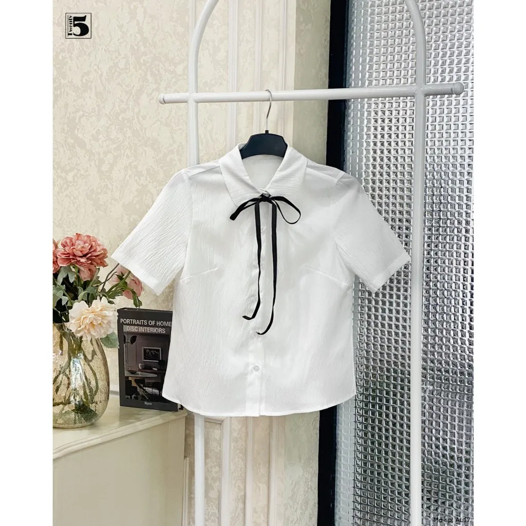 Ảnh Áo sơ mi nữ Twentyfive ngắn tay thắt dây nơ cổ vải tuyết sần AL17 4