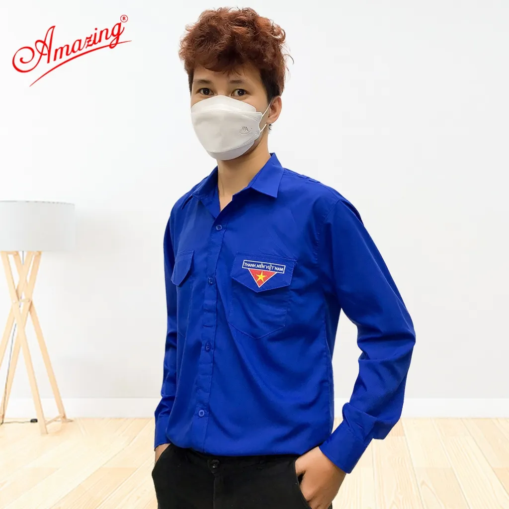 Ảnh Áo sơ mi đoàn viên nam, đồng phục thanh niên Việt Nam thêu cờ đỏ sao vàng, 2 túi có nắp và cầu vai 3