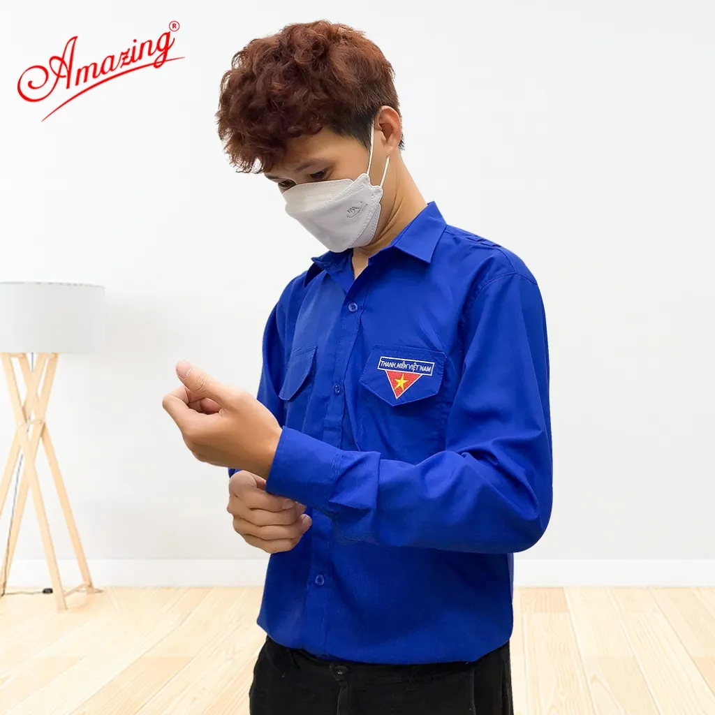 Ảnh Áo sơ mi đoàn viên nam, đồng phục thanh niên Việt Nam thêu cờ đỏ sao vàng, 2 túi có nắp và cầu vai 4