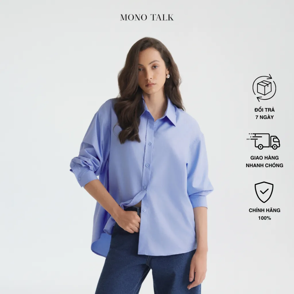 Ảnh Áo sơ mi oversized MONO TALK (xanh da trời) vải poplin hạn chế nhăn, mềm mát T10001FT 1