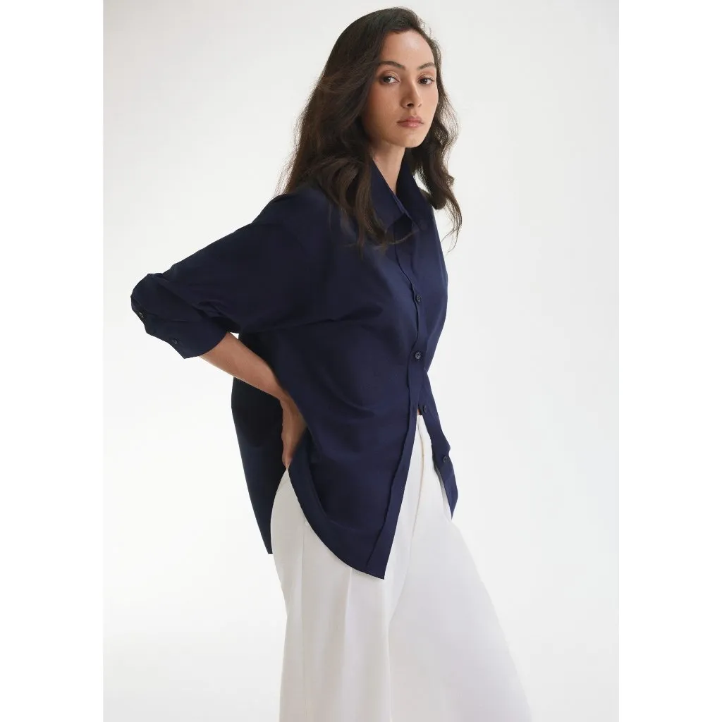 Ảnh Áo sơ mi oversized MONO TALK (navy) vải poplin hạn chế nhăn, mềm mát T10001FT 4
