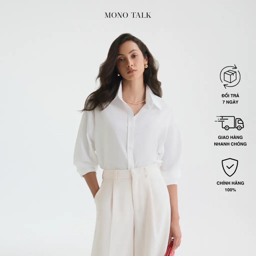 Ảnh Áo sơ mi oversized MONO TALK (trắng) vải poplin hạn chế nhăn, mềm mát T10001FT 1