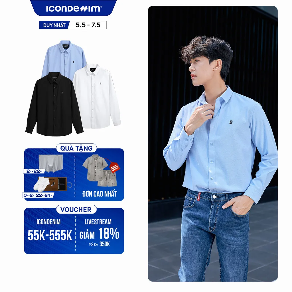 Ảnh Áo Sơ Mi Oxford Nam Tay Dài Blank Color Embroider Form Slim SMID0144 1
