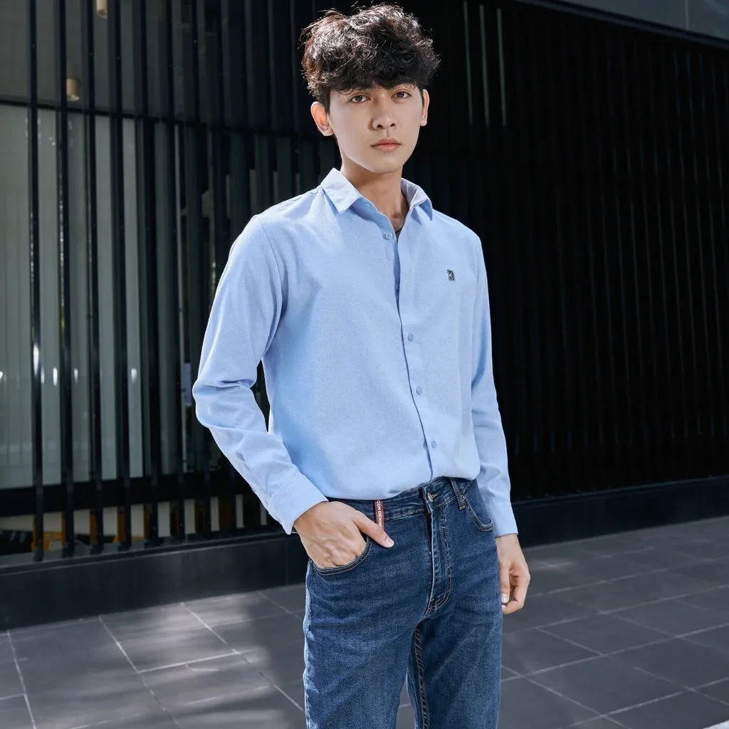 Ảnh Áo Sơ Mi Oxford Nam Tay Dài Blank Color Embroider Form Slim SMID0144 2