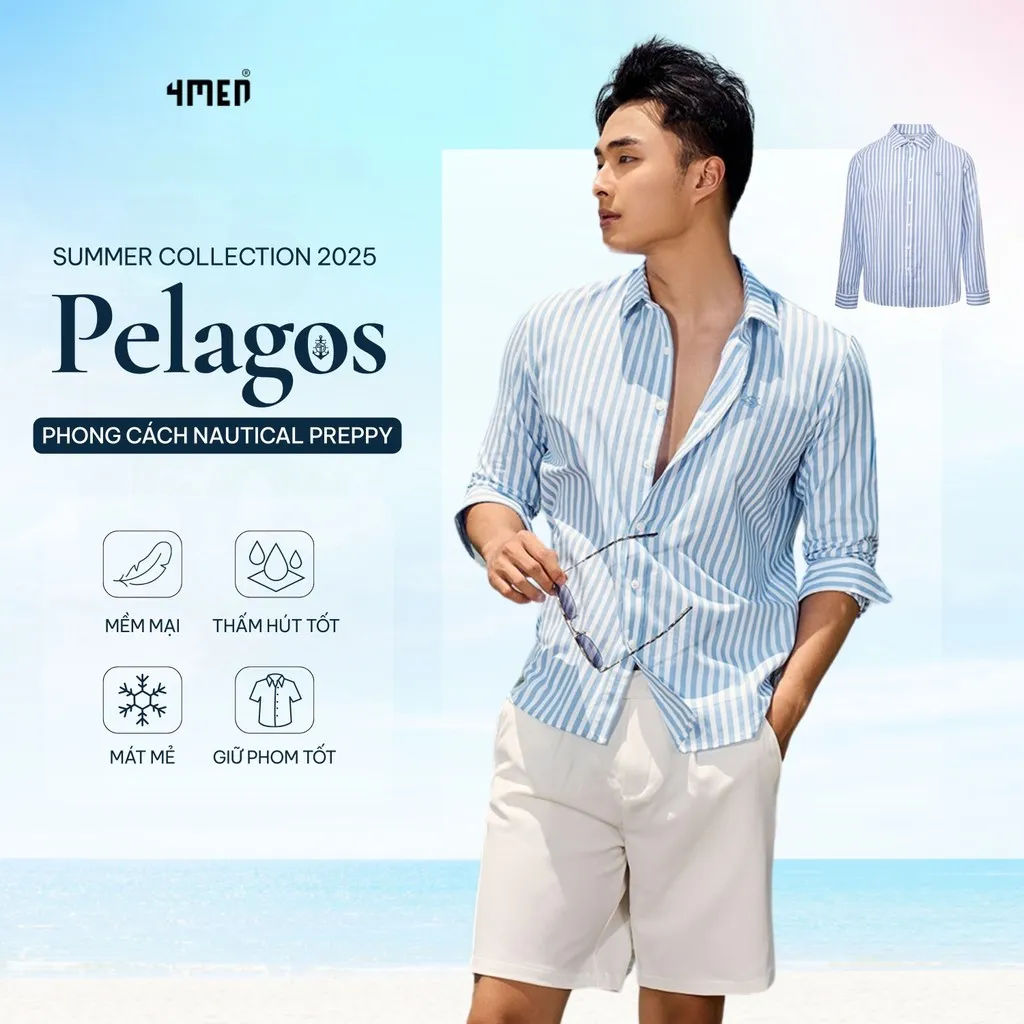 Ảnh Áo Sơ Mi Oxford Tay Dài Sọc Xanh Thêu Bánh Lái Form Tailored 4MEN SM183 đứng phom, trẻ trung, năng động 1