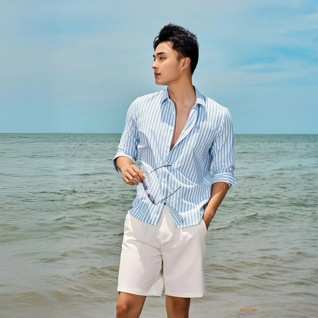 Ảnh Áo Sơ Mi Oxford Tay Dài Sọc Xanh Thêu Bánh Lái Form Tailored 4MEN SM183 đứng phom, trẻ trung, năng động 2