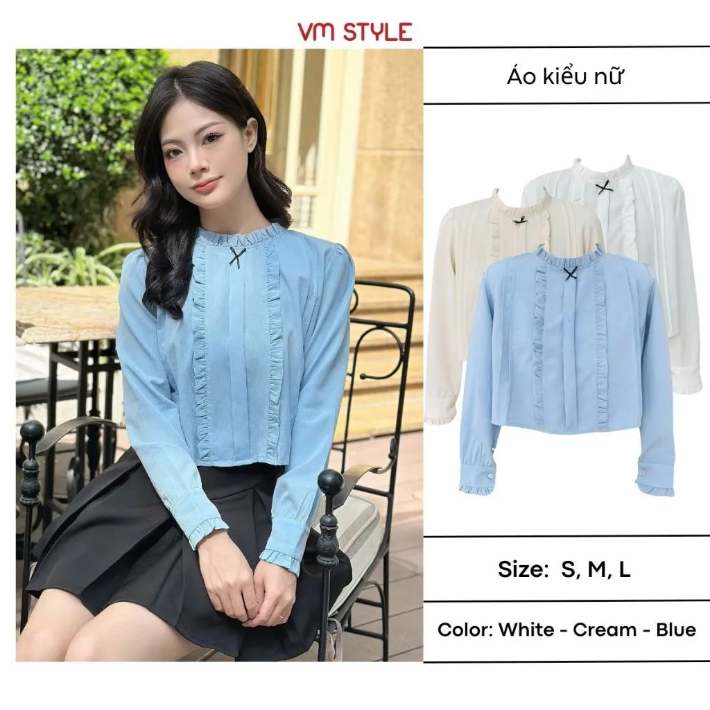 Ảnh Áo sơ mi tay dài phối nơ VMSTYLE cổ sen viền bèo dễ thương đi chơi, đi học, đi làm ASU00554 1
