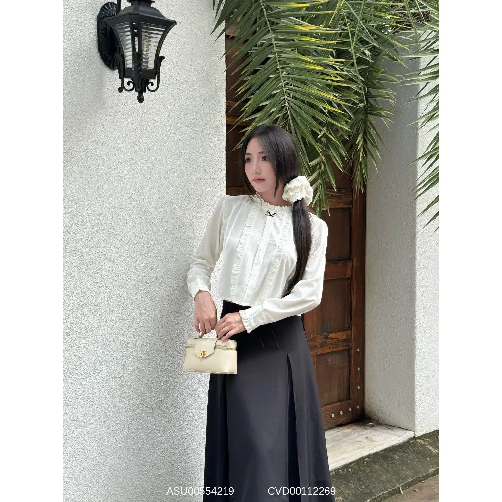 Ảnh Áo sơ mi tay dài phối nơ VMSTYLE cổ sen viền bèo dễ thương đi chơi, đi học, đi làm ASU00554 2