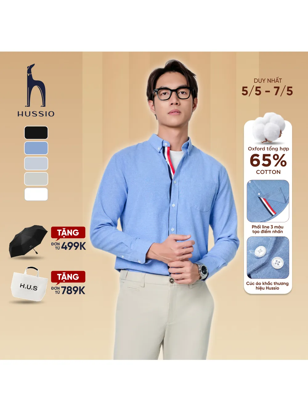 Ảnh Áo sơ mi tay dài phối viền trụ nút PROFFLES vải Oxford xuất xịn, thoáng mát, đứng form - HUSSIO 1