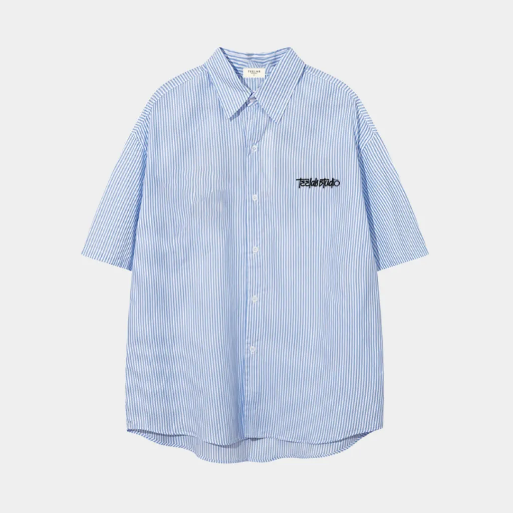 Ảnh Áo Sơ Mi Tay Ngắn Kẻ Sọc Teelab Graffiti Unisex Form Oversize Local Brand màu Xanh SS049 1