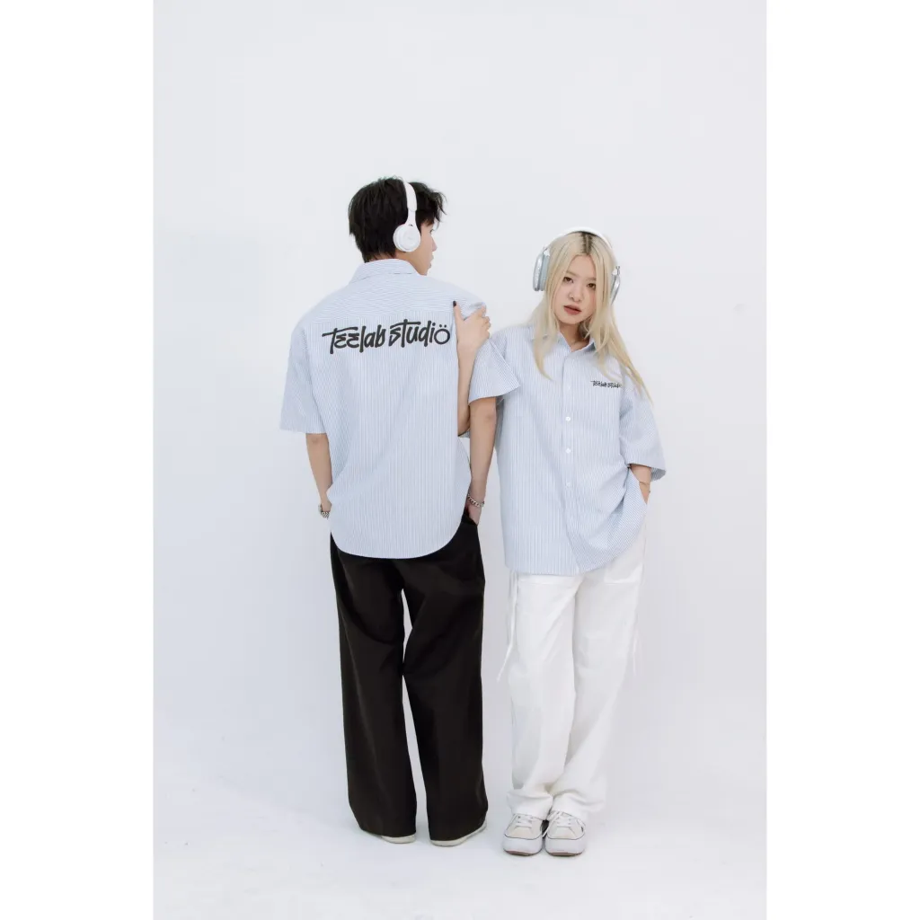 Ảnh Áo Sơ Mi Tay Ngắn Kẻ Sọc Teelab Graffiti Unisex Form Oversize Local Brand màu Xanh SS049 3