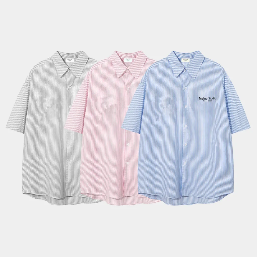 Ảnh Áo Sơ Mi Tay Ngắn Kẻ Sọc Teelab Local Brand Unisex Form Oversize 3 Màu Xanh, Hồng, Xám SS052 1
