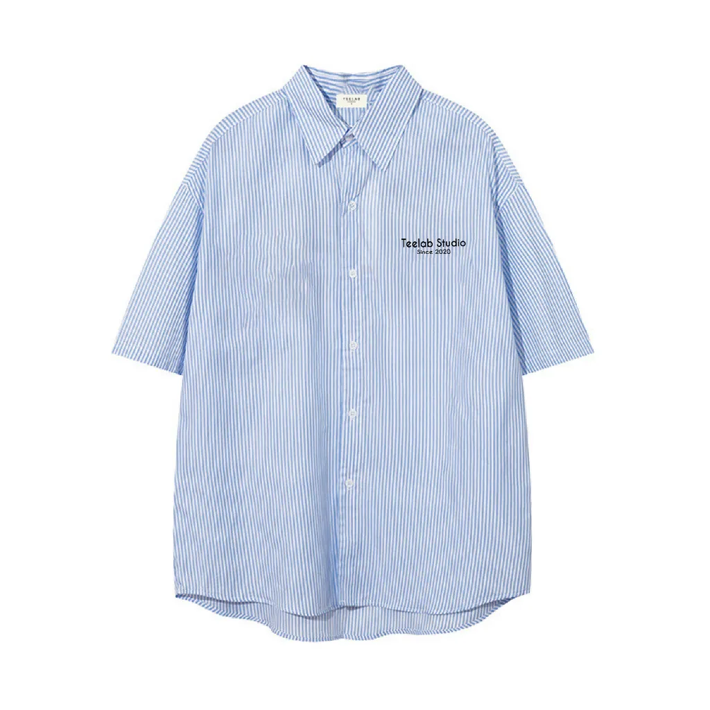 Ảnh Áo Sơ Mi Tay Ngắn Kẻ Sọc Teelab Local Brand Unisex Form Oversize 3 Màu Xanh, Hồng, Xám SS052 2