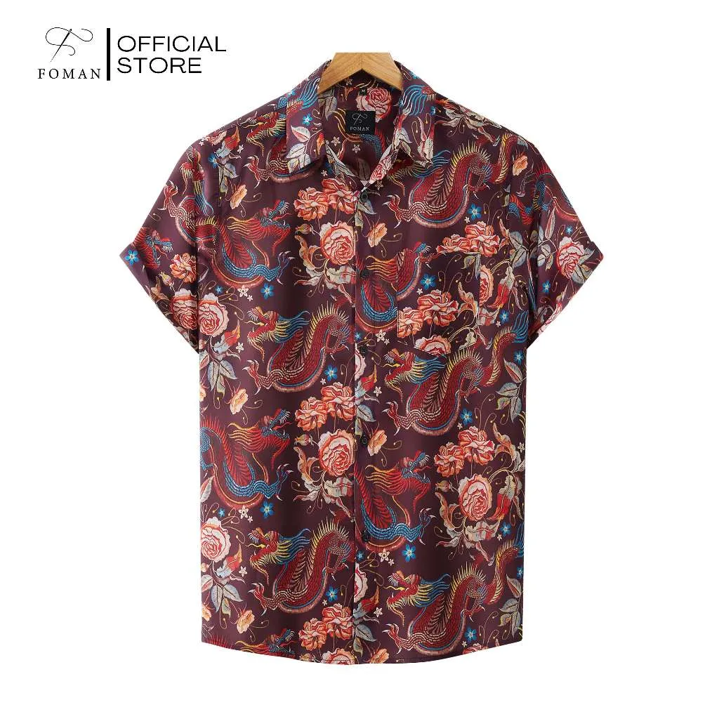 Ảnh Áo sơ mi tay ngắn nam FOMAN hoạ tiết Embroidered Dragon Rose, vải Lụa Mango mềm mịn, thoáng mát, thấm hút, không nhăn 1
