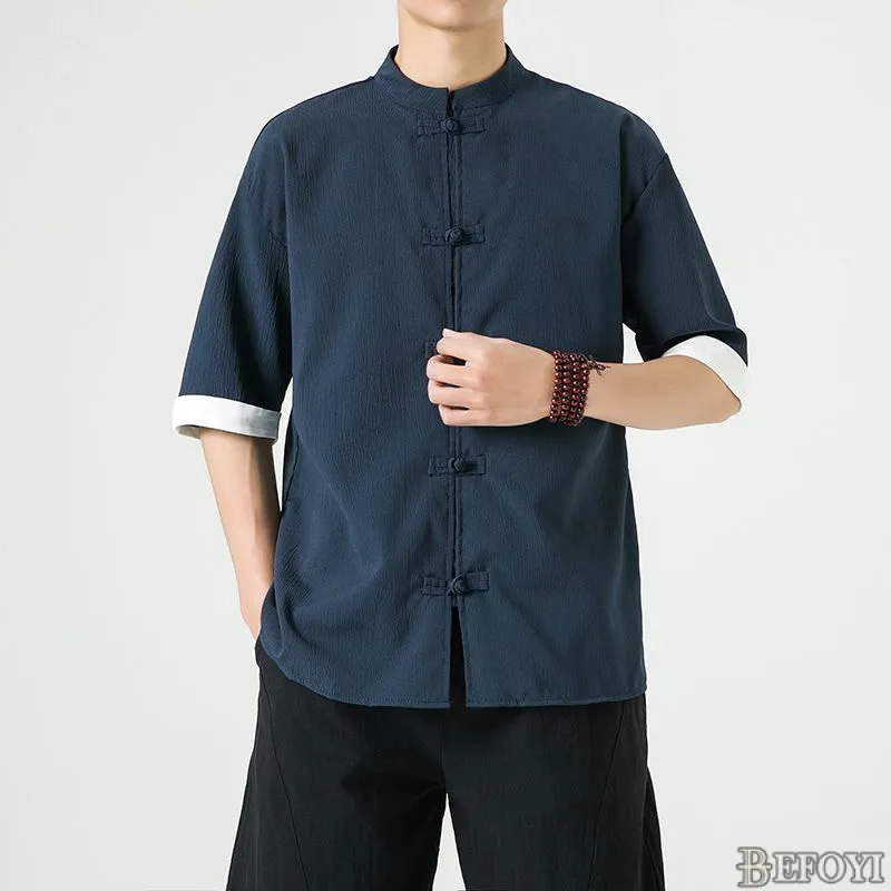 Ảnh Áo Sơ Mi Tay Ngắn Vải Lanh Nam Phong Cách Trung Hoa Đường Triều Đại Rời Cổ Đứng Nút Top dtt35 4